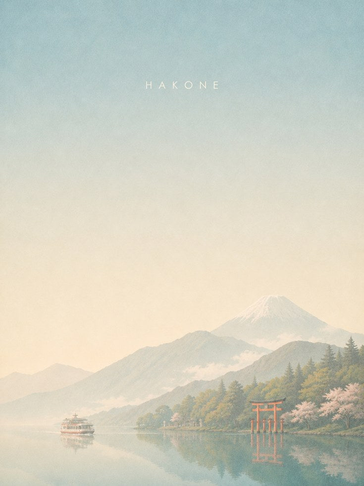 Hakone Lake Landscape Poster: Japanese Mountain and Torii Gate Art - artwork on paper