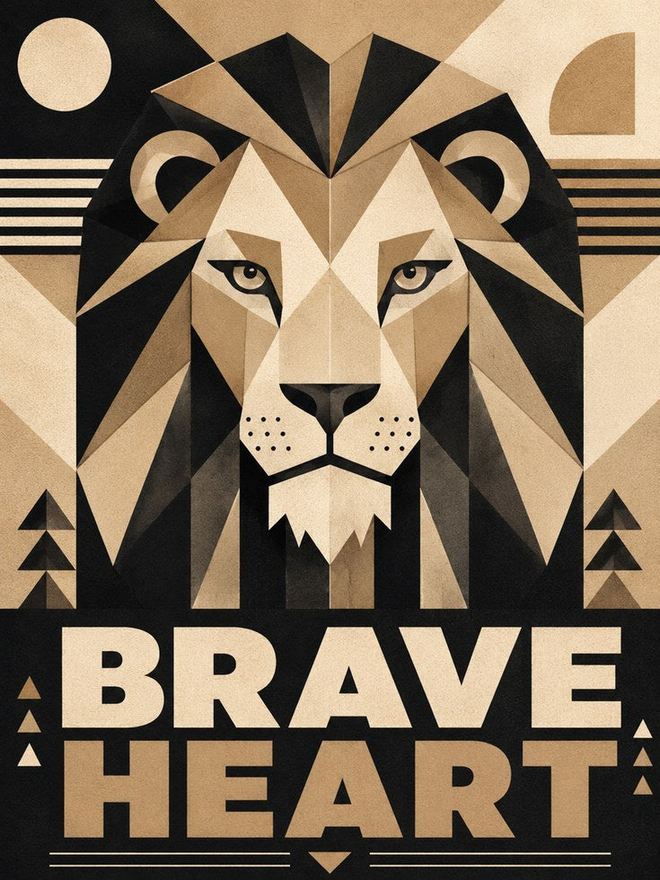 Geometric Lion Art Print: Art Deco Brave Heart Poster - artwork on paper