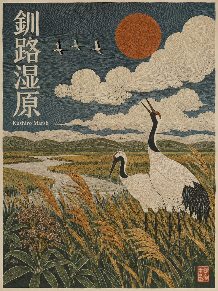 Japanese Crane Print – Asian Marsh Wall Art - artwork on paper