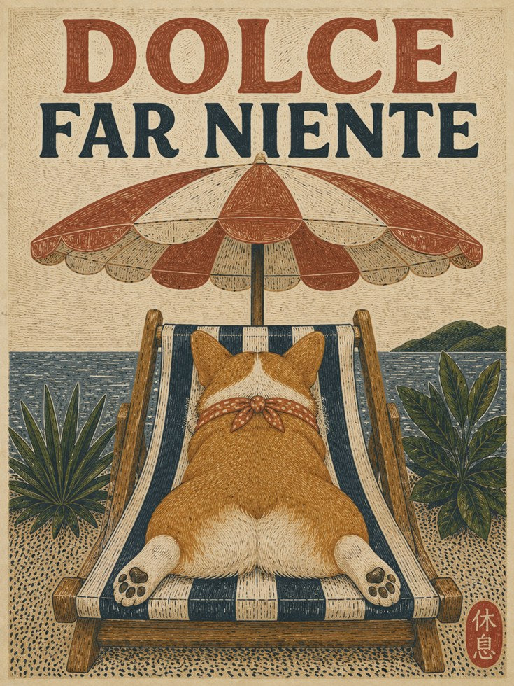 Dolce Far Niente Corgi Print: Vintage Italian Coastal Poster - artwork on paper
