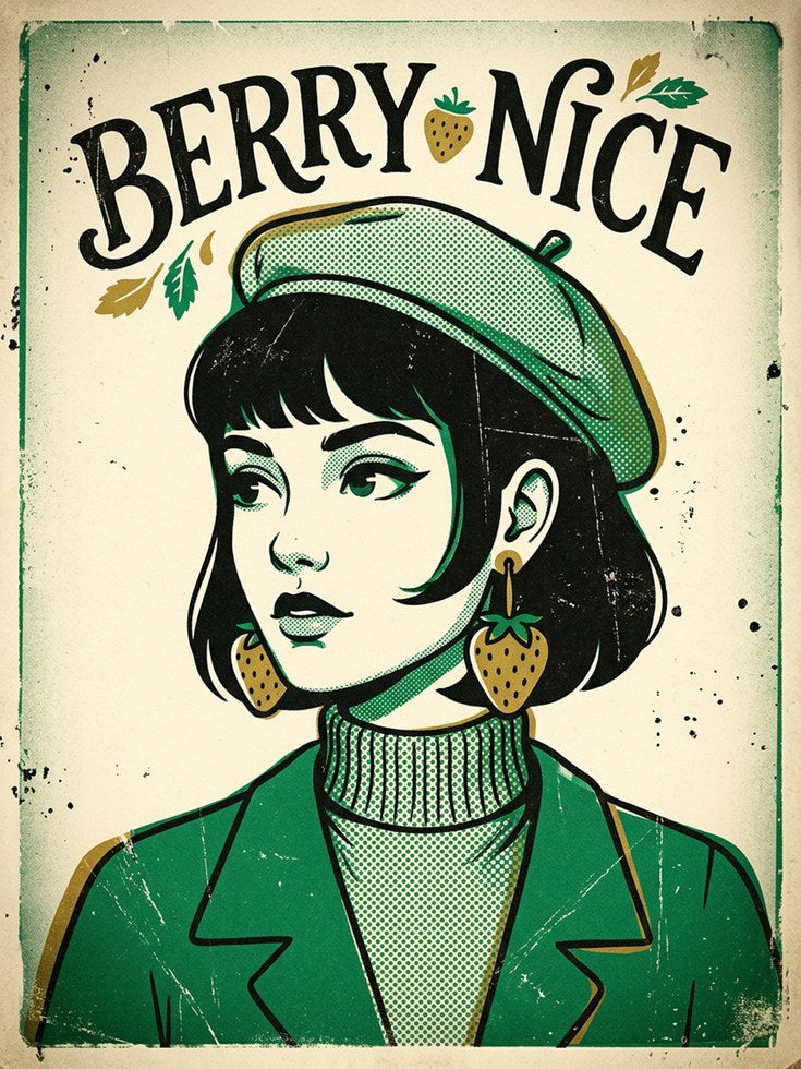 Berry Nice Retro Girl Poster: Vintage Halftone Portrait Art - artwork on paper