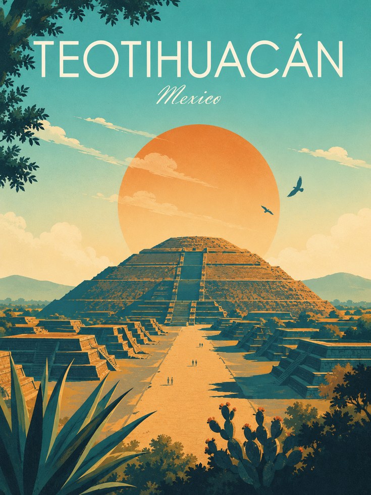 Mexico Travel Poster – Teotihuacan Print - artwork on paper