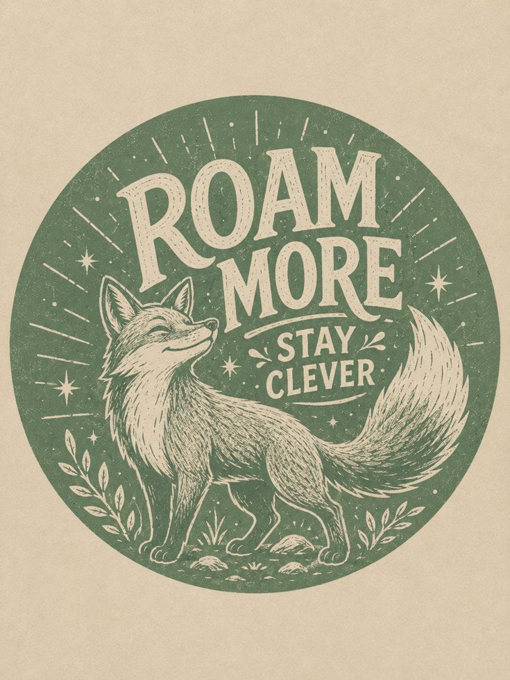 Roam More Stay Clever Fox Print: Vintage Green Typography Poster - artwork on paper