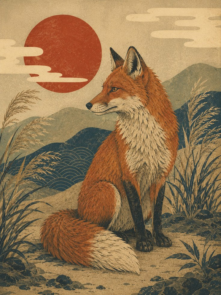 Fox Illustration Print: Japanese Ukiyo-e Inspired Art (A4 and Larger) - artwork on paper