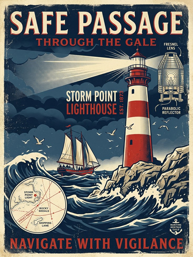 Lighthouse Vintage Nautical Print — Retro Storm Point Maritime Poster - artwork on paper