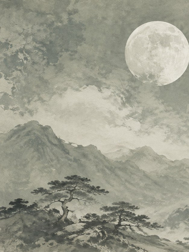 Mountain Moonscape Print: Asian Ink Wash Landscape Art - artwork on paper