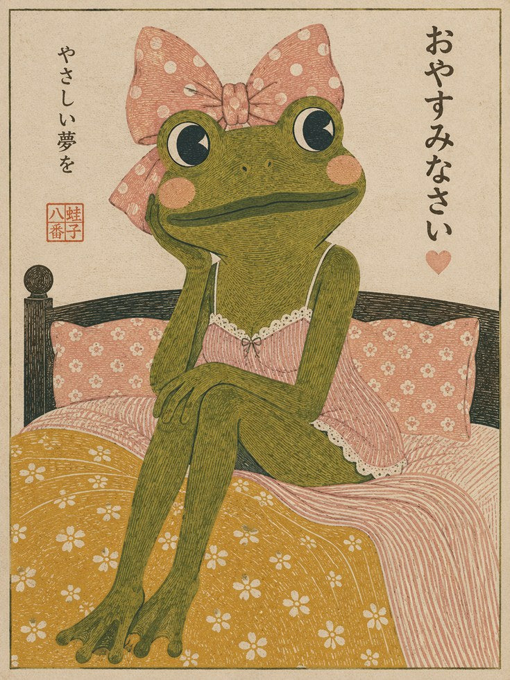 Japanese Frog With Pink Bow Art Print: Vintage Kawaii Style - artwork on paper