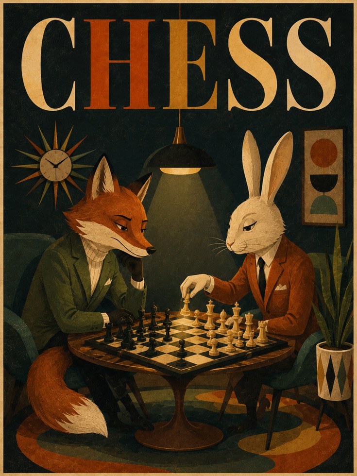 Fox and Rabbit Chess Game: Retro Mid-Century Modern Art Print - artwork on paper