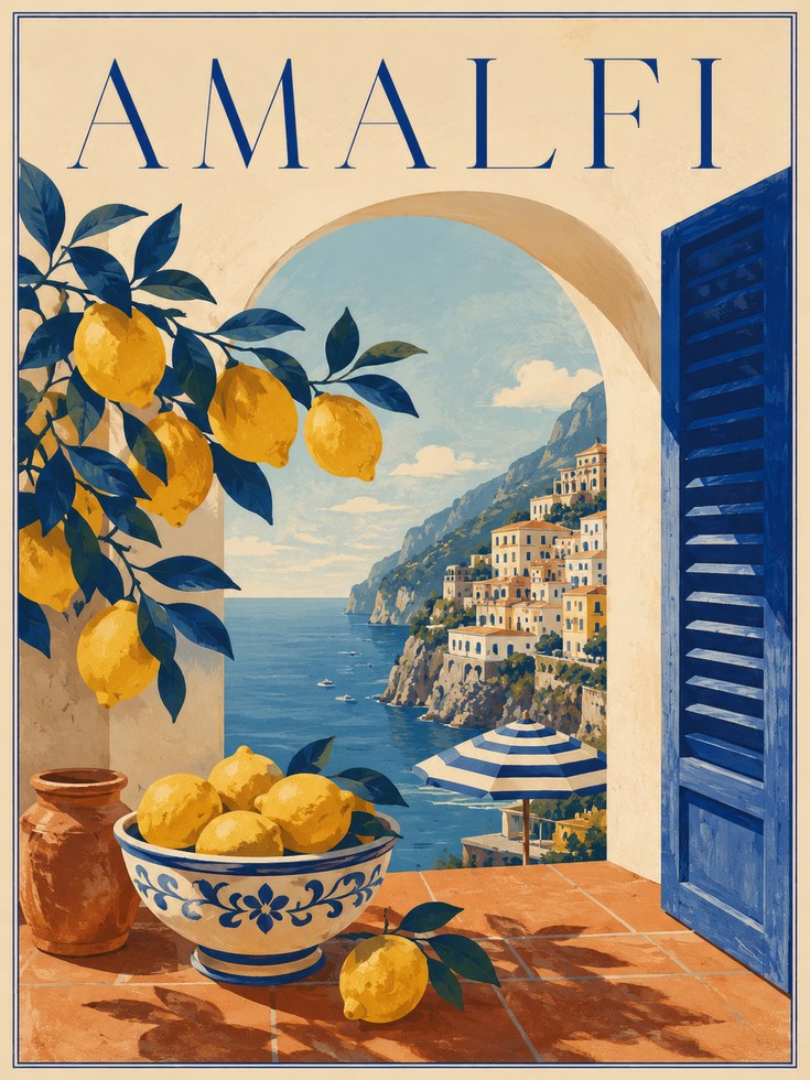 Vintage Amalfi Coast Poster - artwork on paper
