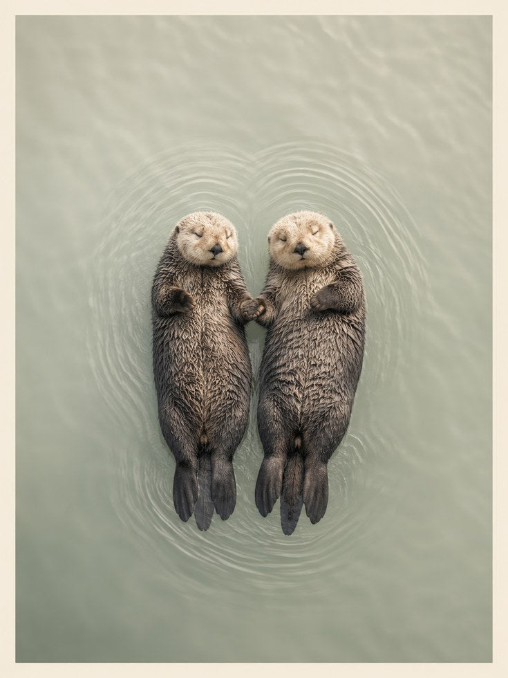 Sea Otter Print — Floating Otters Holding Hands - artwork on paper