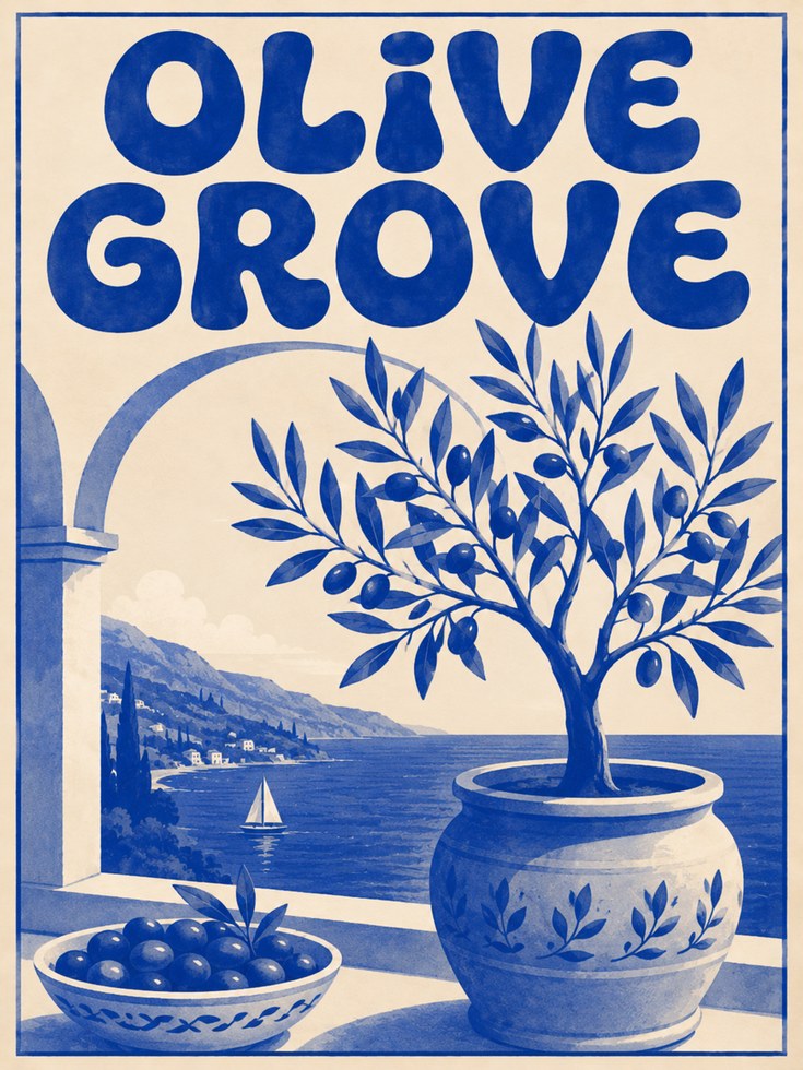Vintage Mediterranean Olive Grove Print - artwork on paper