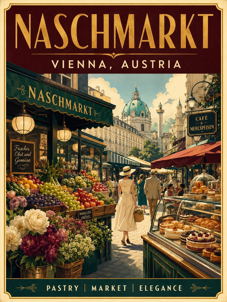 Naschmarkt Vienna Market Poster: Vintage Travel Art Print - artwork on paper
