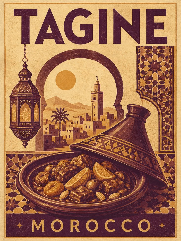 Tagine Wall Art: Retro Moroccan Travel Poster - artwork on paper