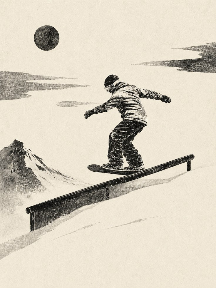 Snowboarder Rail Slide Print: Vintage Monochrome Winter Sports Art - artwork on paper