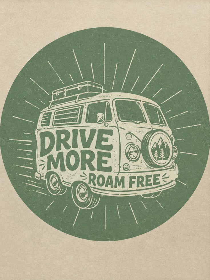 Drive More Roam Free Van Print: Retro Green Adventure Travel Art - artwork on paper