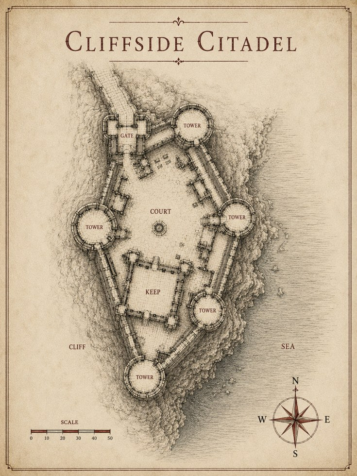 Cliffside Citadel Map Print: Medieval Fantasy Castle Blueprint - artwork on paper