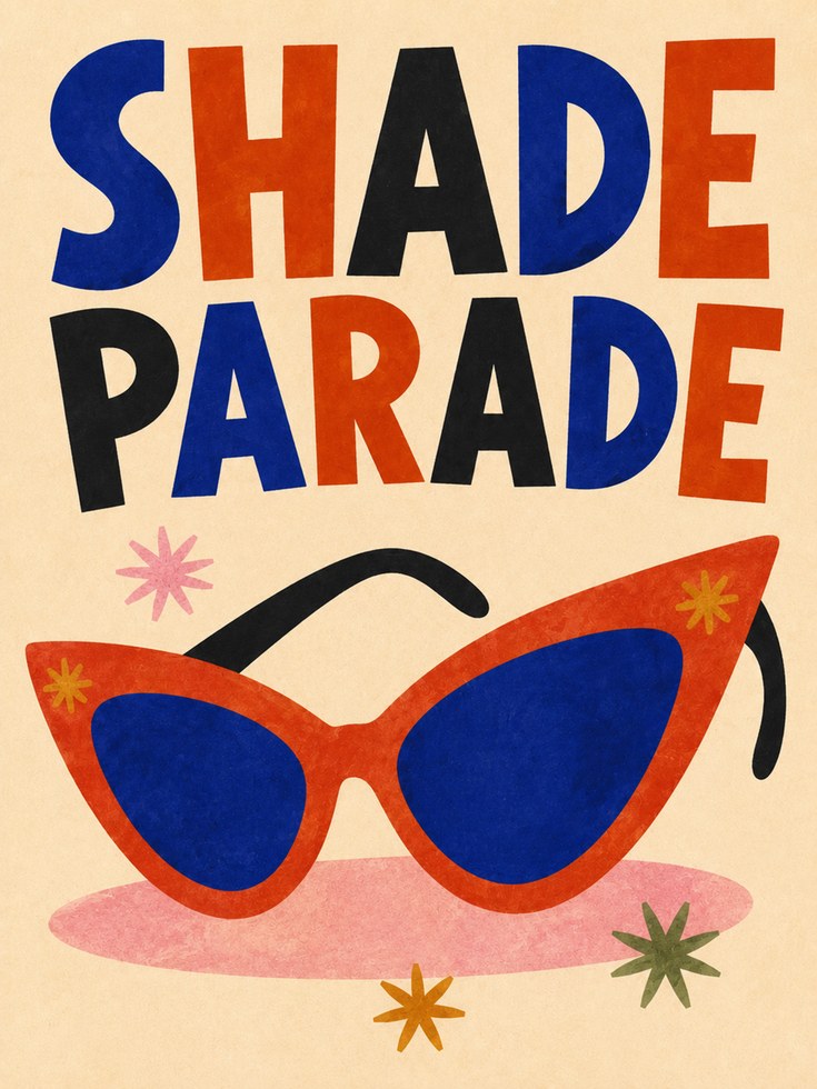 Shade Parade: Retro Sunglasses Art Print with Bold Typography - artwork on paper