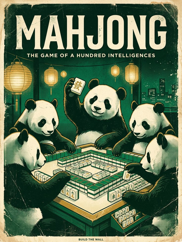Mahjong Pandas Poster: Vintage Game Night Art Print - artwork on paper