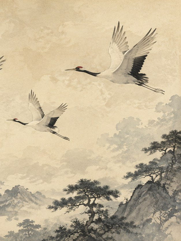 Japanese Cranes in Flight Art Print: Traditional Asian Landscape - artwork on paper