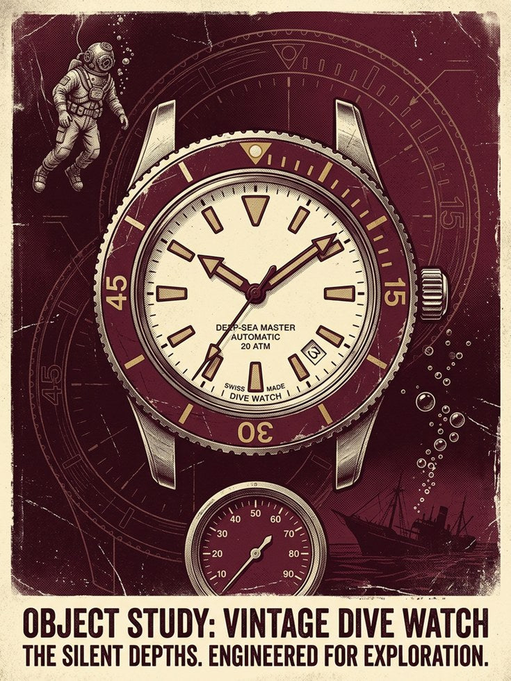 Vintage Dive Watch Poster: Retro Burgundy Technical Illustration - artwork on paper