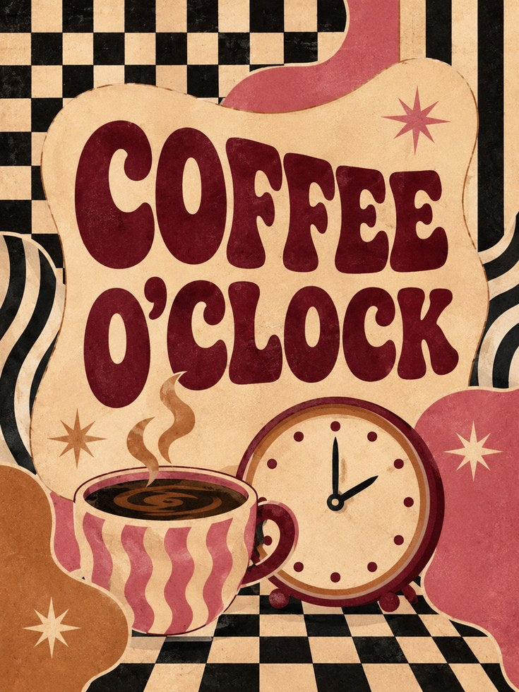 Coffee O'Clock Retro Kitchen Print: Mid-Century Typography Art - artwork on paper