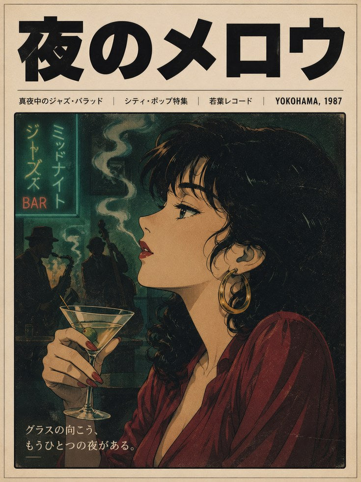 Vintage Japanese Bar Poster — Retro Night Lounge Illustration - artwork on paper