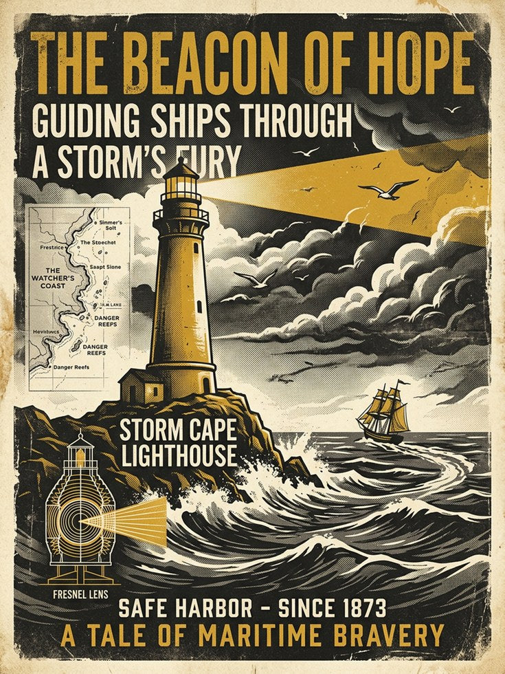Vintage Lighthouse Storm Poster: Retro Maritime Navigation Art - artwork on paper