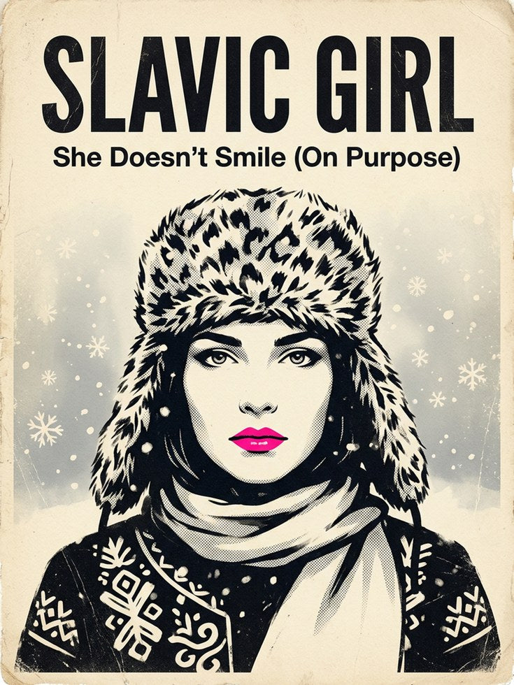 Slavic Girl Winter Portrait: Vintage Propaganda Style Art Print - artwork on paper