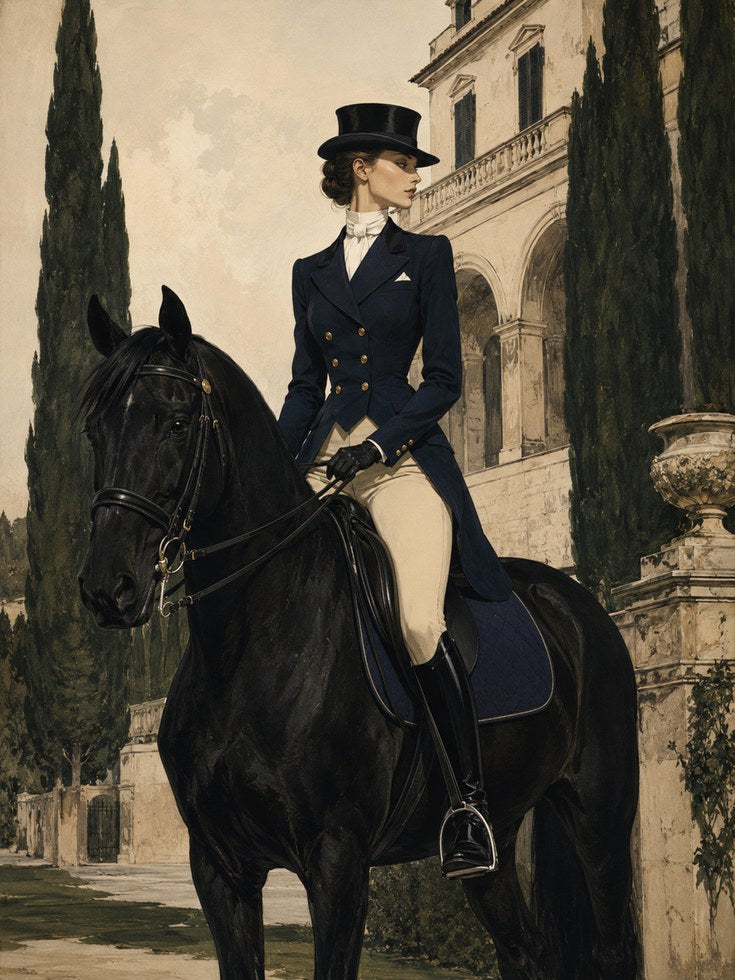 Victorian Equestrian Portrait: Elegant Woman on Black Horse Art Print - artwork on paper