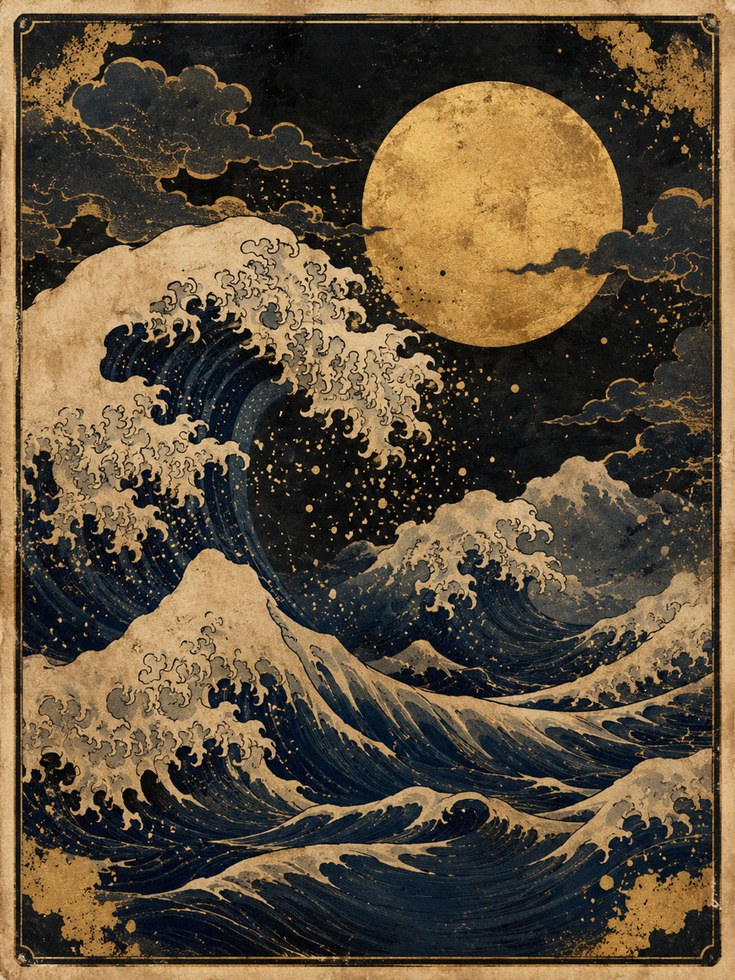 Japanese Wave Art Print: Gold & Navy Ocean Under Full Moon - artwork on paper
