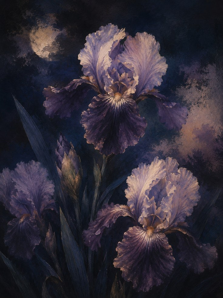 Purple Iris Wall Art – Dark Floral Print - artwork on paper