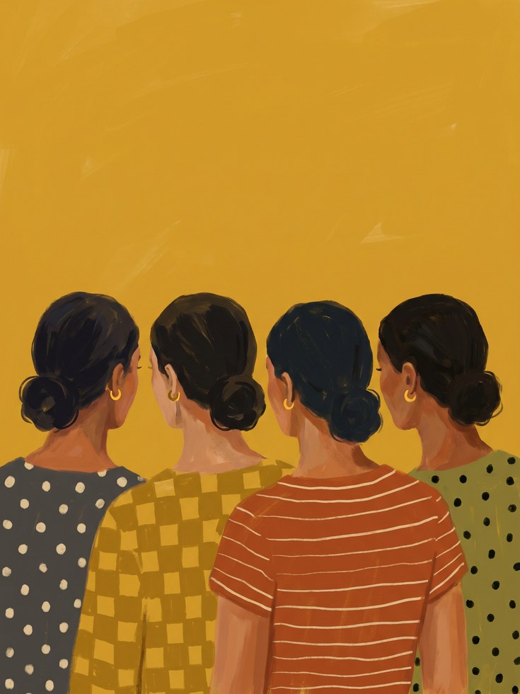 Figurative Women Portrait Print — Four Women in Patterned Tops - artwork on paper