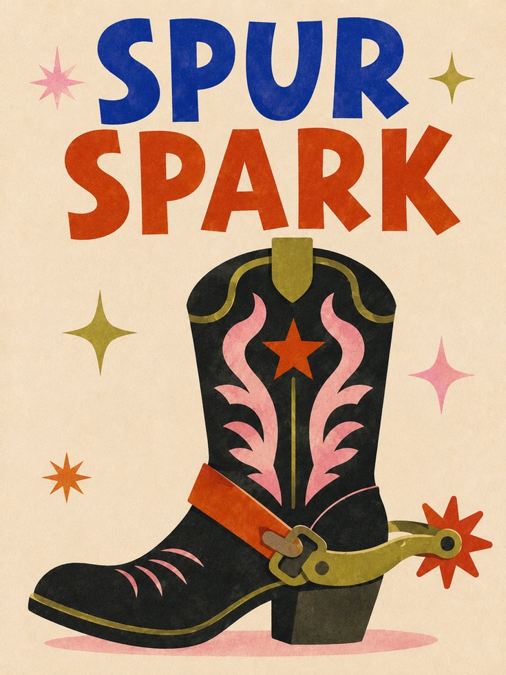 Spur Spark Cowboy Boot Print: Retro Western Typography Poster - artwork on paper