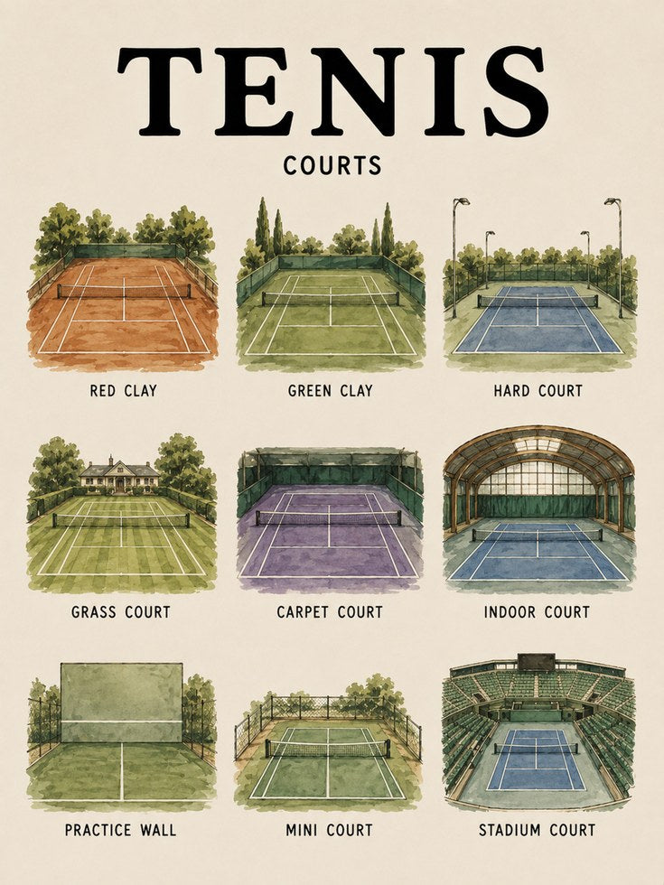 Tennis Courts Educational Print — Illustrated Types of Courts - artwork on paper