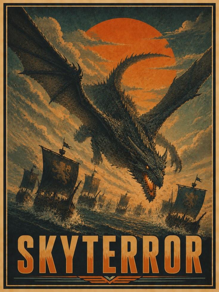 Dragon Attack Viking Ships Poster: Vintage Fantasy Wall Art - artwork on paper
