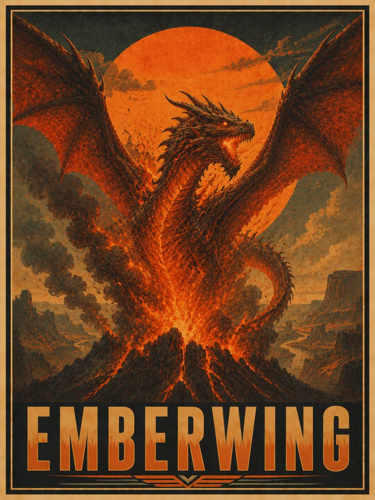 Ember Dragon Rising From Volcano: Vintage Fantasy Art Print - artwork on paper