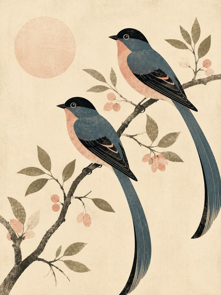 Japanese Style Birds on Branch: Vintage Botanical Wall Art - artwork on paper