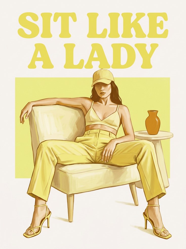 Sit Like A Lady Poster: Retro Yellow Fashion Illustration - artwork on paper