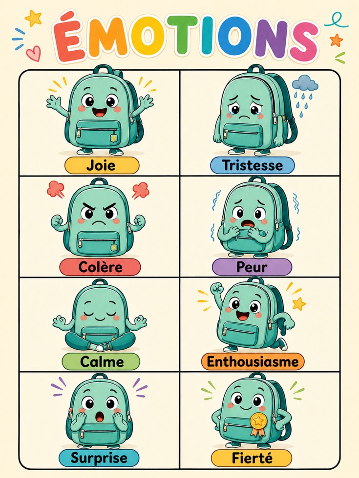 French Emotions Chart Poster: Colorful Educational Art Print - artwork on paper
