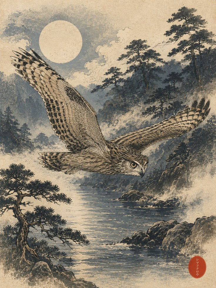 Owl Art Print: Vintage Japanese Landscape - artwork on paper