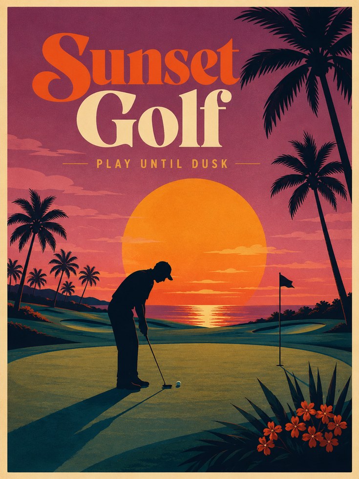 Vintage Golf Poster Print: Retro Sunset Palm Trees - artwork on paper