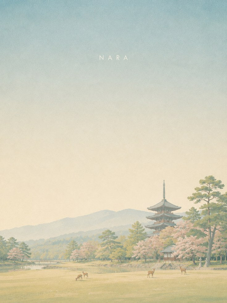 Nara Pagoda Art Print: Japanese Landscape with Cherry Blossoms - artwork on paper