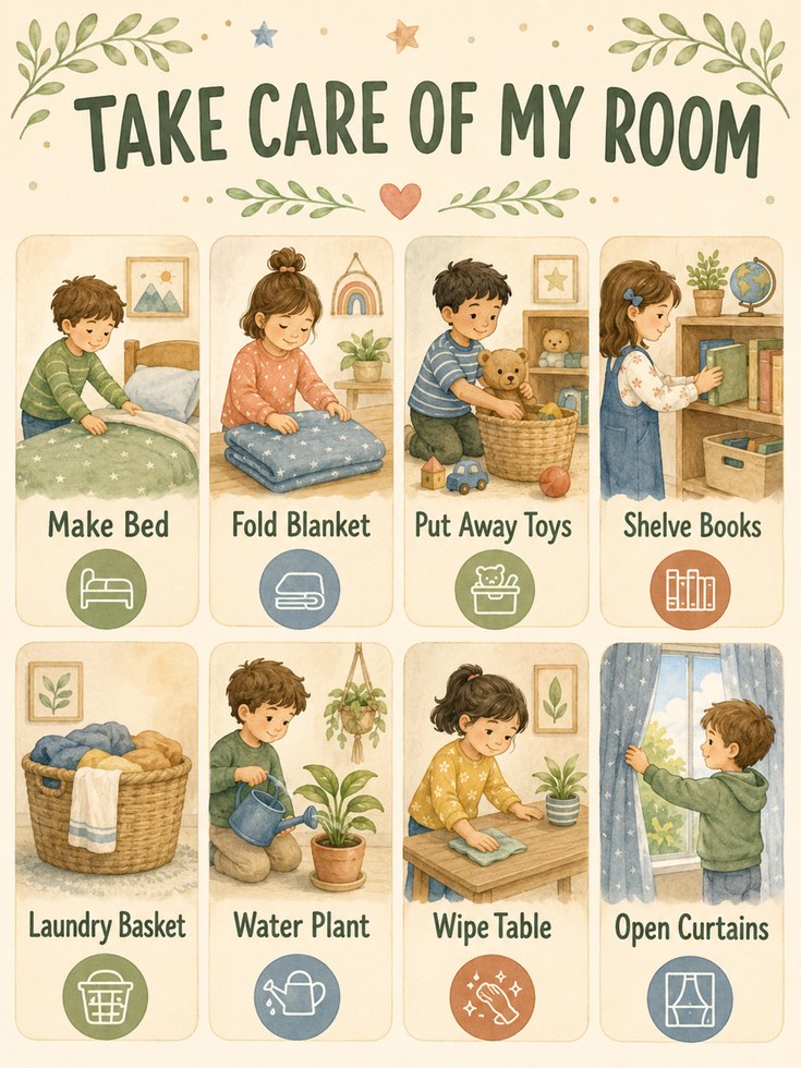 Kids Chore Chart Print: Illustrated Daily Room Routine - artwork on paper