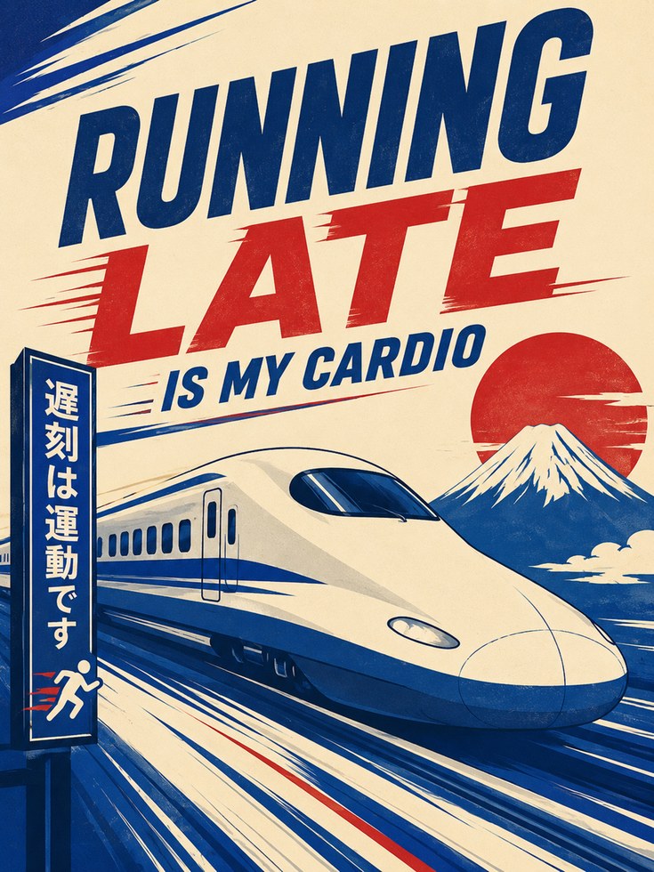 Running Late Bullet Train Poster: Retro Japanese Railway Art - artwork on paper