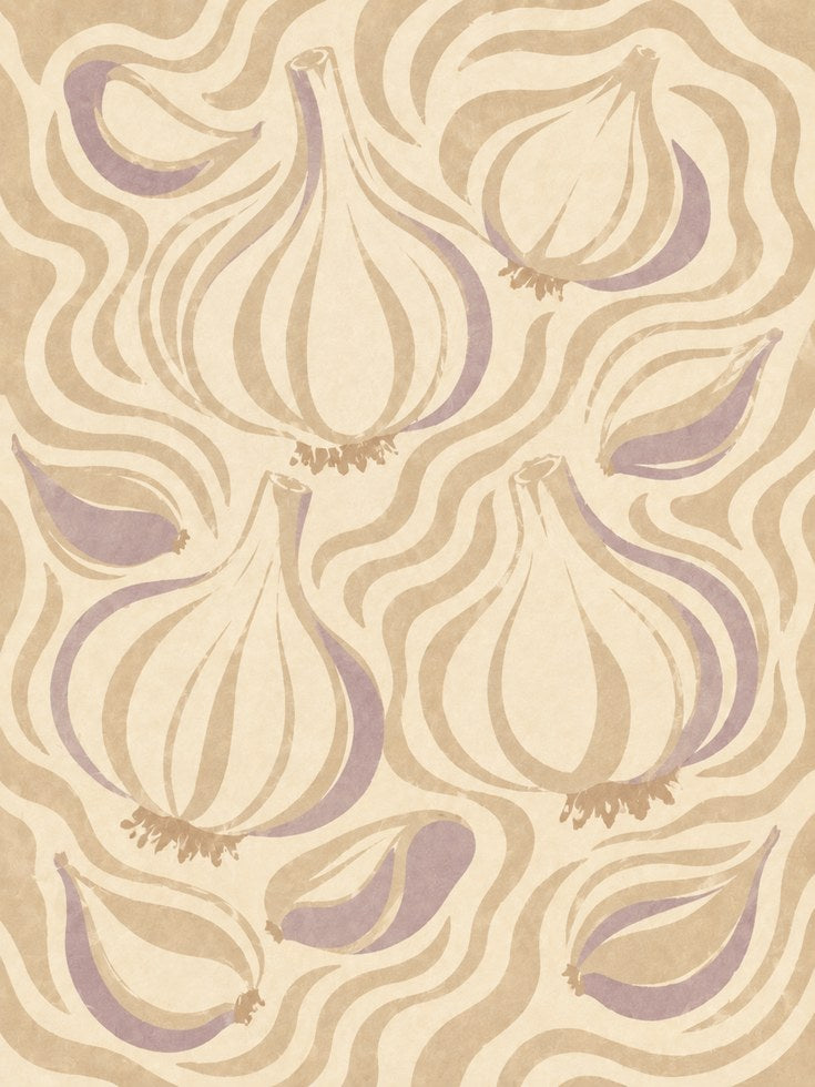 Art Nouveau Garlic Bulbs Print: Flowing Beige Purple Design - artwork on paper