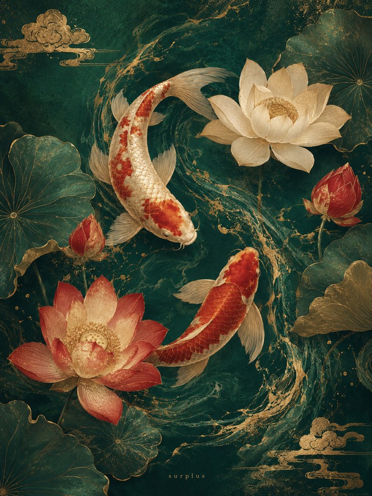 Koi Fish Wall Art – Lotus Flower Print - artwork on paper
