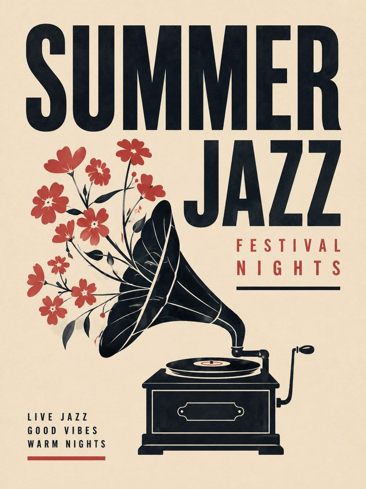 Vintage Jazz Poster Print — Retro Gramophone & Floral Design - artwork on paper