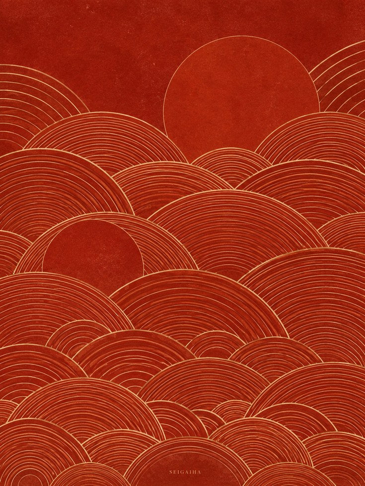 Japanese Wave Art Print: Red Seigaiha Pattern with Sun - artwork on paper