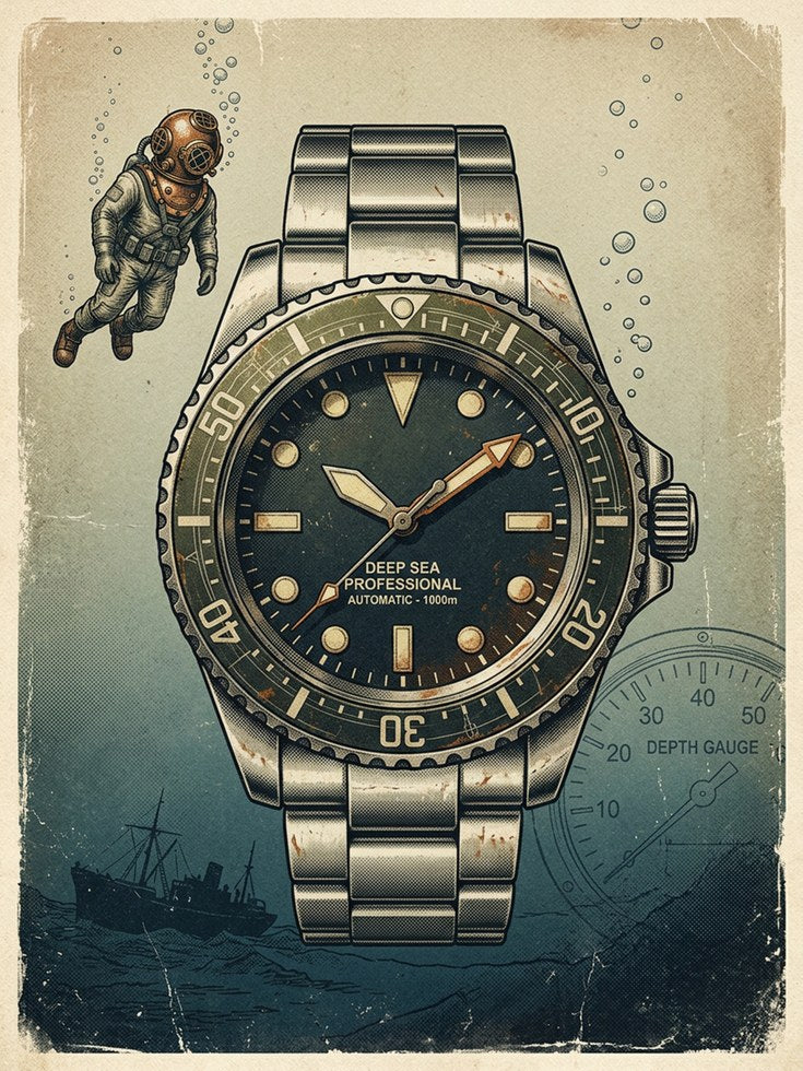 Vintage Dive Watch Poster: Deep Sea Diver Retro Illustration - artwork on paper
