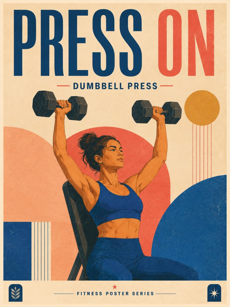 Press On Dumbbell Fitness Poster: Retro Art Deco Gym Wall Art - artwork on paper